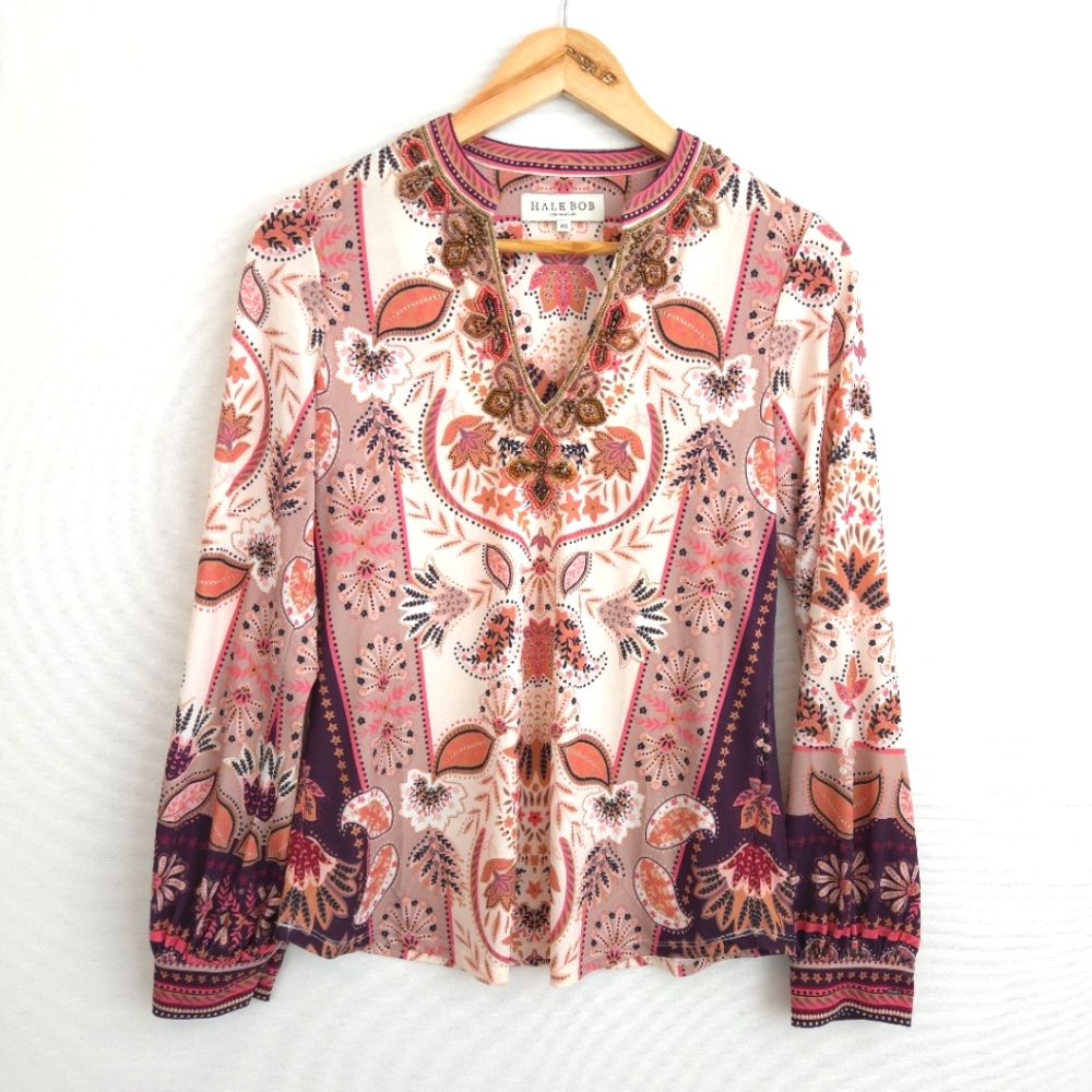 Hale Bob Women's Beaded V-Neckline Long Sleeve Blouse